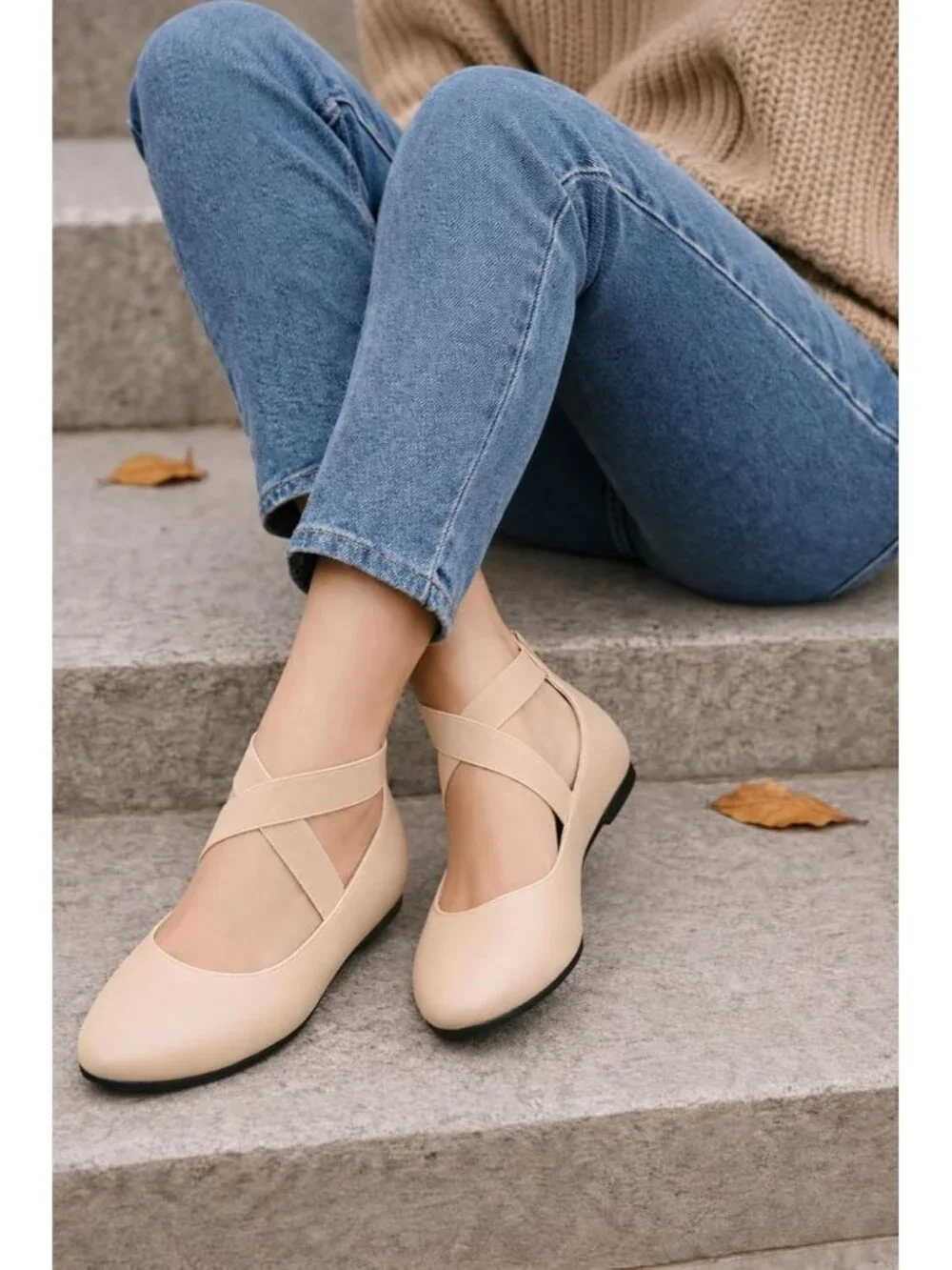 Women's Nude Foam Cushioned Closed Toe Criss Cross Elastic Strap Flat Shoes